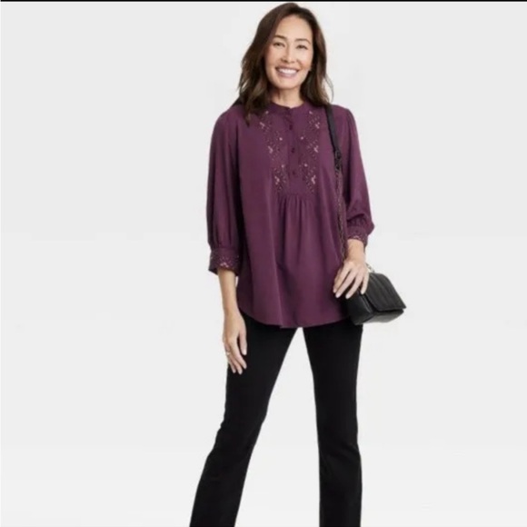 NWT Women's Bishop 3/4 Sleeve Plum Passion Embroidered Blouse - Knox Rose™ - Picture 2 of 11